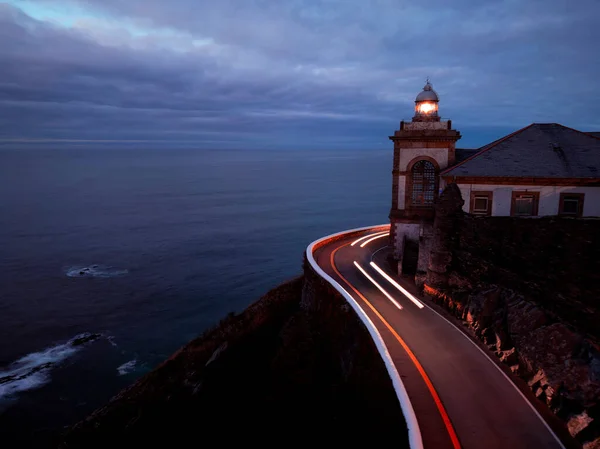Road Lighthouse Luarca Dusk Car Trails Asturias Spain — Stock Photo, Image