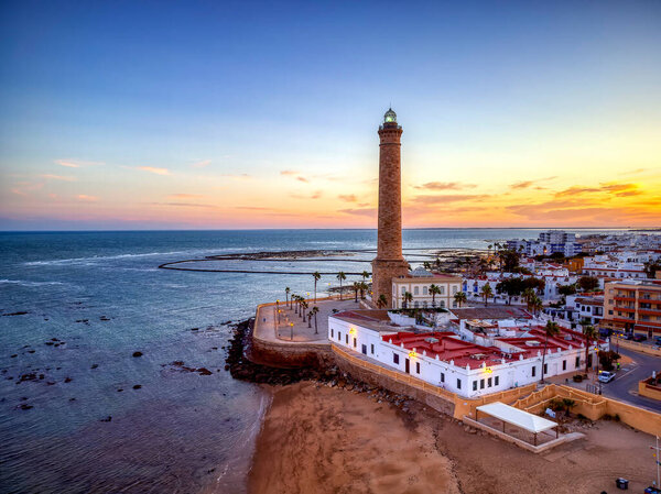 Drone view of the Chipiona lighthouse at dawn in the province of Cadiz. Spain.