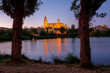 İspanya, Castilla y Leon 'da Salamanca Katedrali' nin mavi saati.