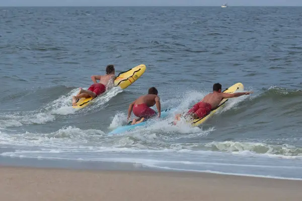 stock image Sea Bright, New Jersey - August 3, 2017: Lifeguards from Sea Bright and surrounding beach clubs gather to compete in a lifeguard competition