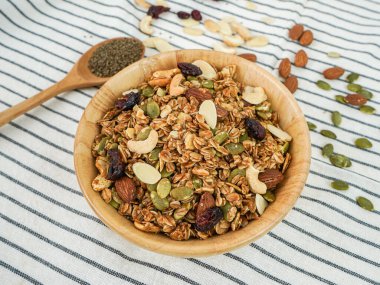 Kahvaltının en üst manzarası. Kurumuş meyveler kasede. 