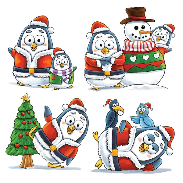 Απομονωμένα Χριστούγεννα Αστεία Πιγκουίνους — Διανυσματικό Αρχείο