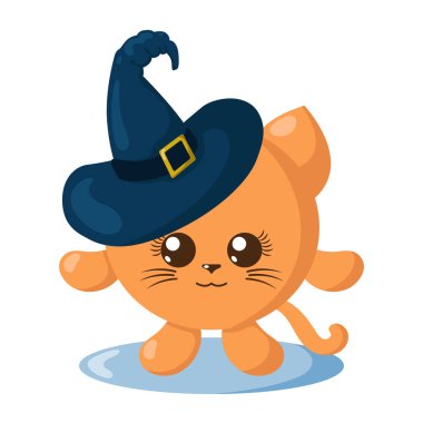 Cadı şapkalı, gölgeli komik bir kawai cadılar bayramı kedisi. İzole edilmiş hayvan vektör çizimi