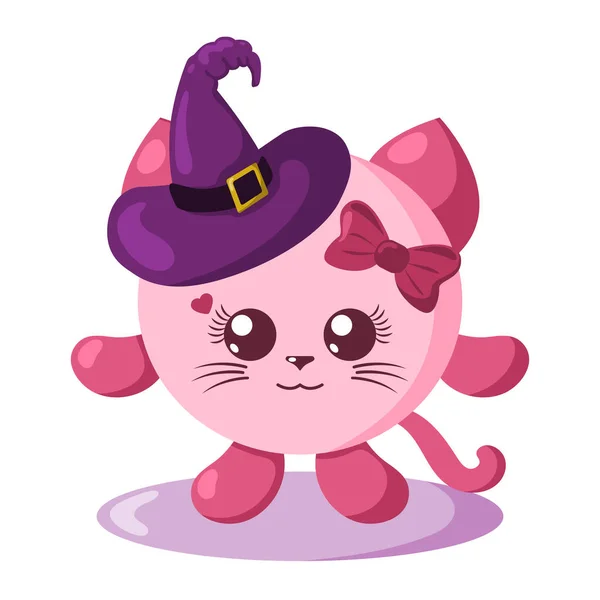 Kucing Halloween Kawaii Lucu Dengan Topi Penyihir Dalam Desain Datar - Stok Vektor