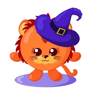 Cadı şapkalı, gölgeli komik bir cadılar bayramı aslanı. İzole edilmiş hayvan vektör çizimi 