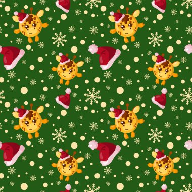 Komik kawaii Noel kutlaması zürafa kusursuz desenli arka plan. Renkli bayram sonu olmayan düz vektör arka plan. Kumaş, kumaş, baskı, arka plan, tekstil veya ambalaj kağıdı için.