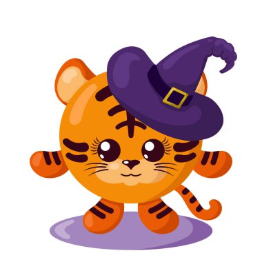 Cadı şapkalı, gölgeli komik kawaii Cadılar Bayramı kaplanı. İzole edilmiş hayvan vektör çizimi