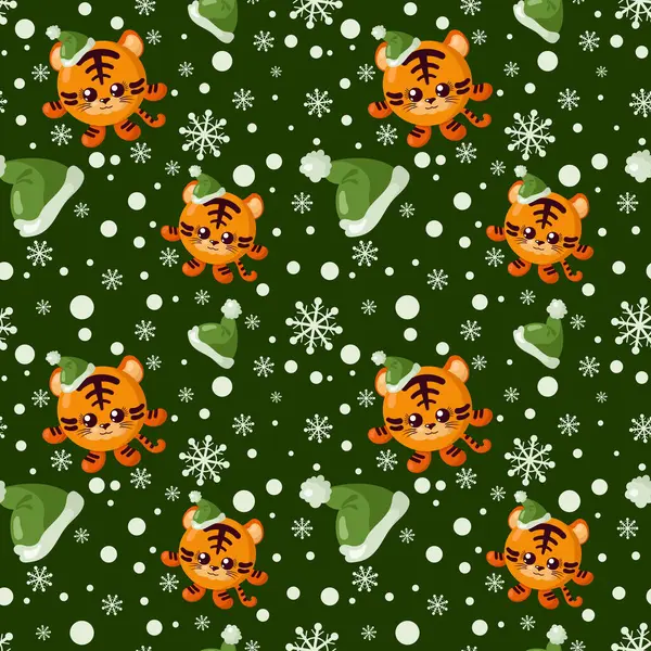 Lustige Kawaii Weihnachtsfeier Tiger Nahtlose Muster Hintergrund Farbige Ferien Endlos — Stockvektor