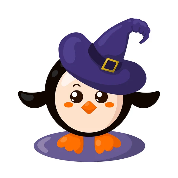 Vtipný Roztomilý Kawaii Halloween Tučňák Kloboukem Čarodějnice Plochém Designu Stíny — Stockový vektor