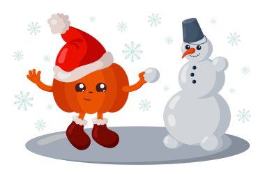 Komik gülümseyen kawaii kabağı kışlık ayakkabılar ve Noel şapkası ile kardan adam yapıyor. Düz dizayn ve gölgeler ile izole edilmiş renkli vektör gösterimi