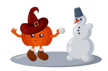 Komik gülümseyen kawaii kabağı, kışlık ayakkabılar ve kardan adam yapan cadı şapkası. Düz dizayn ve gölgeler ile izole edilmiş renkli vektör gösterimi