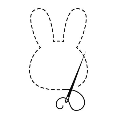 Tavşan kafasının silueti. Kesik hatları var. Beyaz arkaplana işlemeli el yapımı iplik ve dikiş iğnesinin uzay hayvan vektör çizimini kopyala.