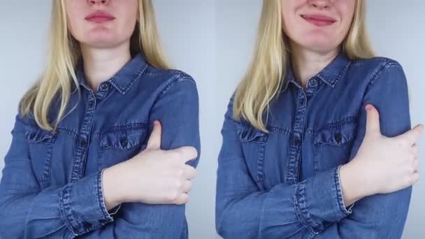 Önce Sonra Sol Kadının Omzunda Ağrı Pazılar Trisepsler Burkulma Tendonların — Stok video