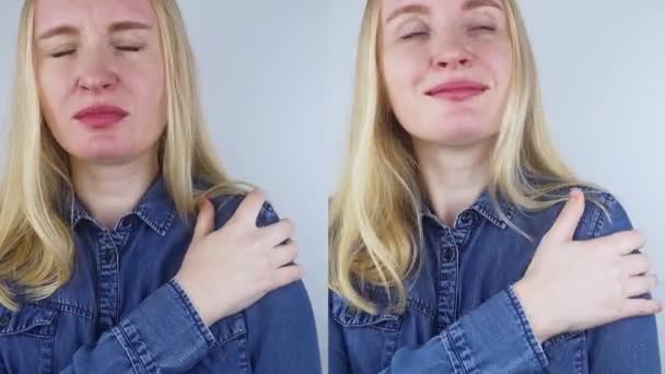 Önce Sonra Omuz Ağrısı Artrit Eklemlerdeki Hastalıklar Sol Tarafta Kadın — Stok video
