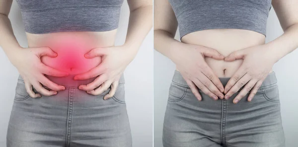 Before and after abdominal pain. On the left is a photo of how the person is hurt stomach, and on the right, that everything is fine for him and the abdominal cavity does not hurt anymore. Spasms