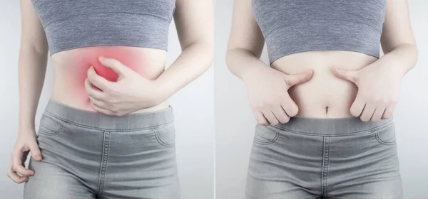 腹部疼痛之前和之后 左边是一张照片 照片上的人是如何受伤的胃 右边是 一切都很好 他的腹腔不再疼了 — 图库照片