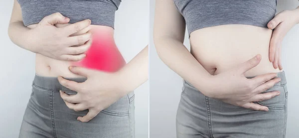 Pain in left side. Girl holds on to the left side of the abdominal cavity. Inflammation of the intestines, spleen, sprains, overexertion, neuralgia, pain during menstruation. On right photo no pain