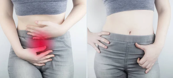 Een Vrouw Lijdt Aan Pijn Bekkenorganen Gynaecoloog Onderzoekt Patiënt Pijnlijke — Stockfoto