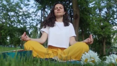 Parkta yalnız yoga. Kadın, Lotus pozisyonunda meditasyon yapmakla meşgul. Sinir sisteminin gevşemesi. Sinir sistemini boşaltmak için kişisel yardım. Dinginlik ve iyileşme