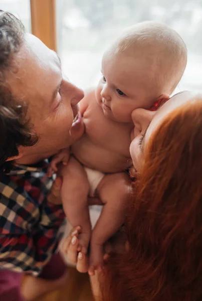 Mom Dad Newborn Caring Loving Parents Kiss Child Both Cheeks — Stock Photo, Image