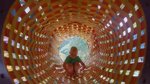 Portrait Blond Boy Who Plays Play Area Children Labyrinth Close — Stock Video