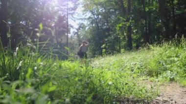 Sırtında sırt çantası olan bir kız ormanda yürüyor. Kısa şort, beyaz tişört ve büyük bir sırt çantası. Güneş ışınları merceklere, çimenlere, ağaçlara ve atmosferik renk düzeltmelerine dönüşüyor. Hoş bir his yaratıyor.