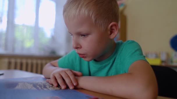 図書館にいる少年 7歳のウクライナ人男性が図書館のテーブルに座って本を読んでいる 通常の学習の概念 知識への渇望 新しいことを学びたいという願望 バックグラウンドと手紙 — ストック動画