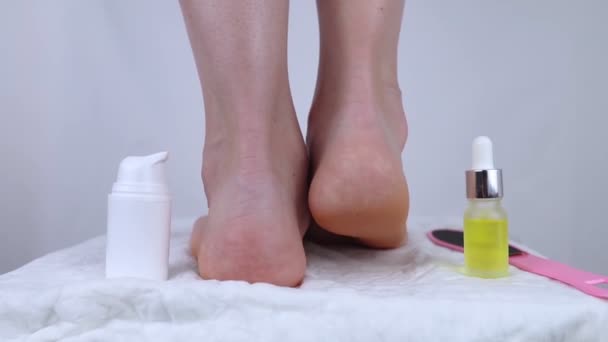 Cracked Heels Woman Feet Procedures Soften Rough Skin Urea Cream — Stock Video