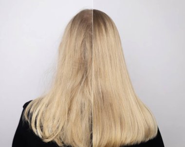 Kuaförde saç düzleştirme, saç kremi, keratin, kaplama. Fotoğraflardan önce ve sonra. Karışık ve düz saçlar.