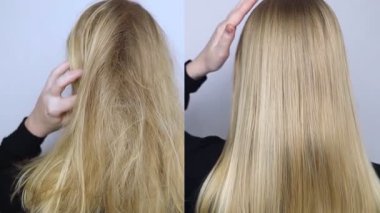 Önce ve sonra. Kuaförde saç düzleştirme, saç kremi, keratin, kaplama. Fotoğraflardan önce ve sonra. Karışık ve düz saçlar.