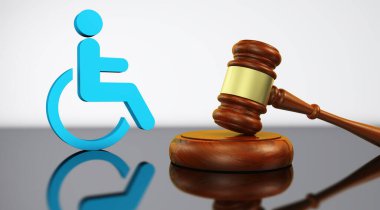 Engelli hukuku, sosyal adalet hizmetleri ve engelliler için hukuki işlemler. Hakim tokmağı ve tekerlekli sandalye ikonu..