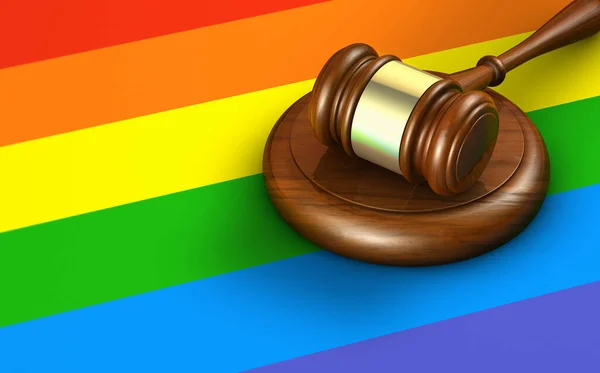 Lgbt法律 诉讼和立法的概念与木制法官Gavel和Lgbtq自豪彩虹彩旗的背景3D插图 — 图库照片