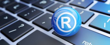 Bir bilgisayar klavyesi 3D illüstrasyon web sayfası başlık başlığı üzerinde tescilli bir marka ve simge ile dijital çevrimiçi iş ve e-ticaret yönetimi kavramı.