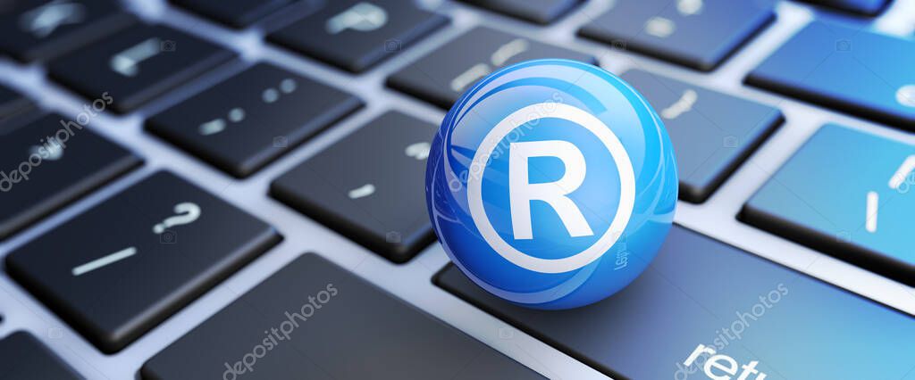 Digital online business and e-commerce management concept with registered trademark symbol and icon on a computer keyboard 3D illustration website page header banner.