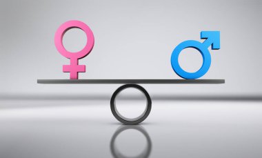 Cinsiyet eşitliği, kadın hakları ve cinsel eşitlik kavramsal imajı ile erkek ve kadın ikonu ve sembolleri gri arka planda bir tahterevalli çizimi üzerinde dengede tutuyorlar..