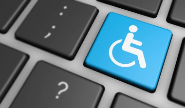 Tekerlekli sandalye ikonu ve sembolü olan engelliler için internet sitesi ve internet içeriği erişilebilirliği ve erişilebilirliği ve yardımcı teknoloji mavi dizüstü bilgisayar anahtarı 3D illüstrasyonunda.