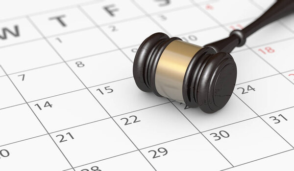 Law, legislation, justice and time concept with a close up view of a judge gavel on a calendar page 3D illustration.