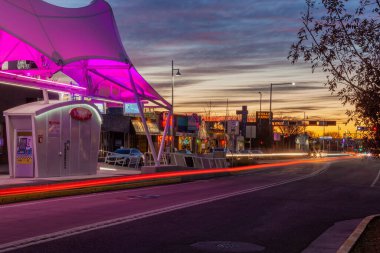November 12th, 2020. Central Avenue, also known as Route 66, in Nob Hill, Albuquerque, at dusk.