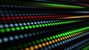 Noktaların, dairesel ışıkların ve renk ve ışık parametrelerinin inanılmaz parlak neon arka planı. Bir grup ışığın sıralı hareketi. Döngülü