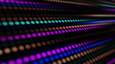 Noktaların, dairesel ışıkların ve renk ve ışık parametrelerinin inanılmaz parlak neon arka planı. Bir grup ışığın sıralı hareketi. Döngülü