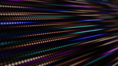 Noktaların, dairesel ışıkların ve renk ve ışık parametrelerinin inanılmaz parlak neon arka planı. Bir grup ışığın sıralı hareketi. Döngülü