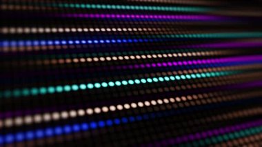 Noktaların, dairesel ışıkların ve renk ve ışık parametrelerinin inanılmaz parlak neon arka planı. Bir grup ışığın sıralı hareketi. Döngülü