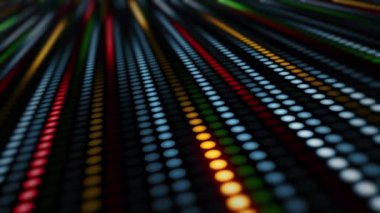 Noktaların, dairesel ışıkların ve renk ve ışık parametrelerinin inanılmaz parlak neon arka planı. Bir ışık grubunun sıralı hareketi