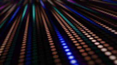 Noktaların, dairesel ışıkların ve renk ve ışık parametrelerinin inanılmaz parlak neon arka planı. Bir ışık grubunun sıralı hareketi