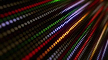 Noktaların, dairesel ışıkların ve renk ve ışık parametrelerinin inanılmaz parlak neon arka planı. Bir ışık grubunun sıralı hareketi