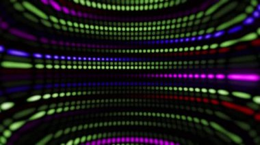 Noktaların, dairesel ışıkların ve renk ve ışık parametrelerinin inanılmaz parlak neon arka planı. Bir grup ışığın sıralı hareketi. Döngülü