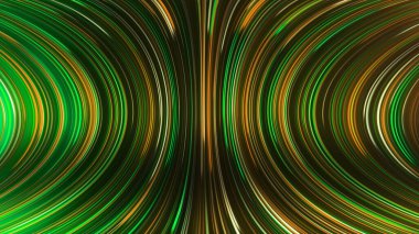 Parlayan ışınları olan soyut panoramik neon arkaplanın 3 boyutlu görüntüsü. Renkli ışınlar geometrik bir yüzey boyunca hareket eder