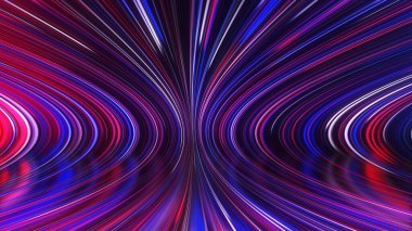 Parlayan ışınları olan soyut panoramik neon arkaplanın 3 boyutlu görüntüsü. Renkli ışınlar geometrik bir yüzey boyunca hareket eder