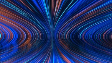 Parlayan ışınları olan soyut panoramik neon arkaplanın 3 boyutlu görüntüsü. Renkli ışınlar geometrik bir yüzey boyunca hareket eder