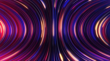 Parlayan ışınları olan soyut panoramik neon arkaplanın 3 boyutlu görüntüsü. Renkli ışınlar geometrik bir yüzey boyunca hareket eder